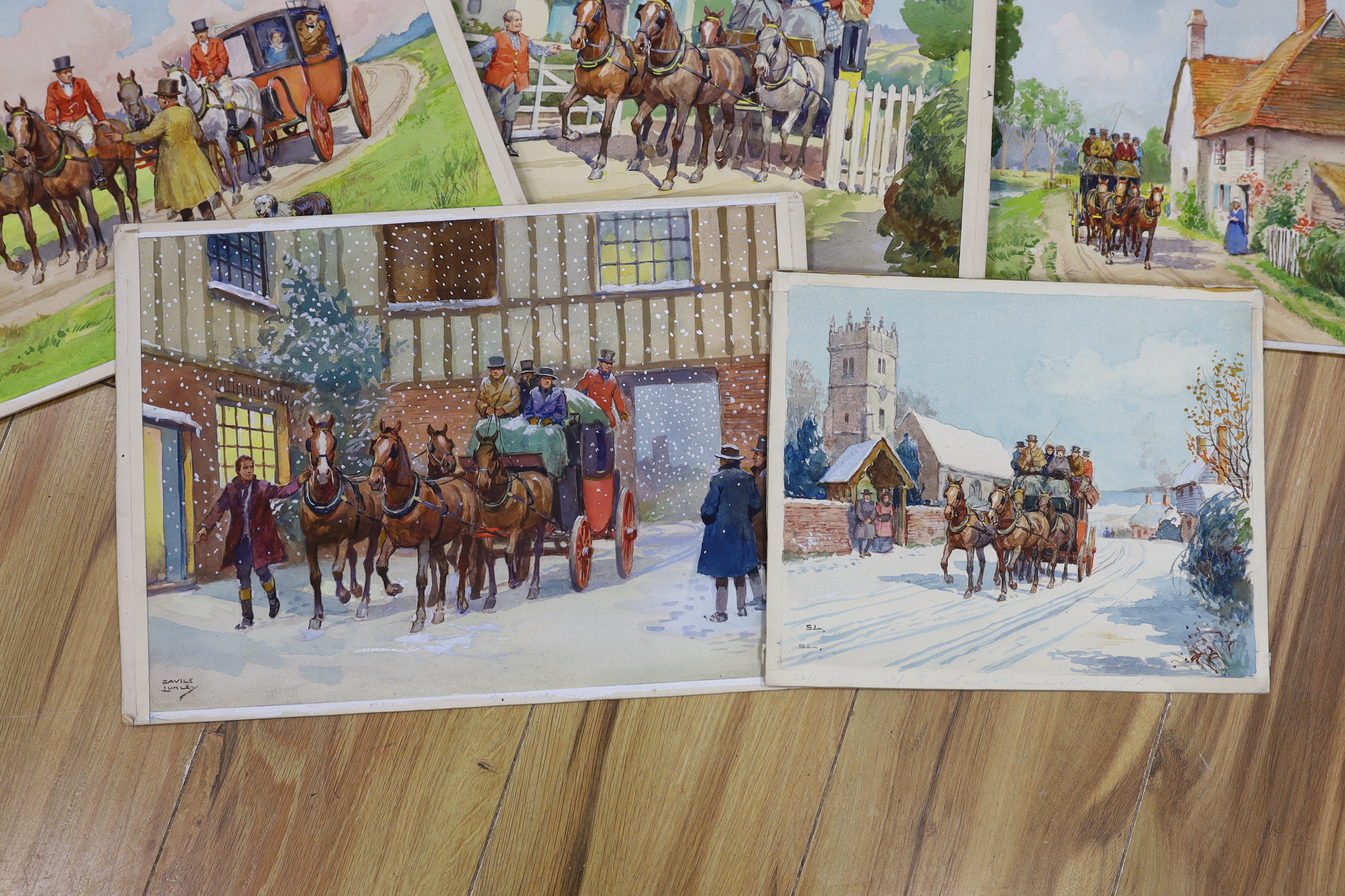 Savile Lumley (1876-1960), six original watercolours for greeting cards, Victorian coaching scenes, each signed/initialled unframed, largest 26 x 36cm